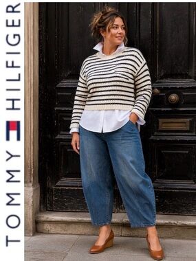 XXL Tommy Hilfiger 100% Classic Cotton Striped Sweater in Navy and Old White